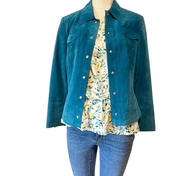 Valerie Stevens Teal Turquoise Blue Suede Leather Jacket Petite Medium - Picture 1 of 10